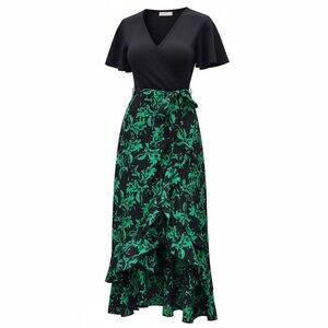 🆕  Long Short Sleeve V Neck Boho Floral Print Dress